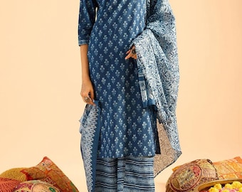 Indigo Hand Block Print Cotton Kurta Set, Boho Indian Ethnic Women's Dress