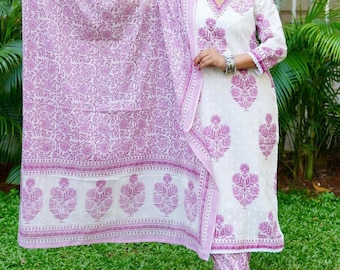 Roze katoenen Kurta-broek met bloemenprint en dupatta-set, trouwkleding Salwar Kameez