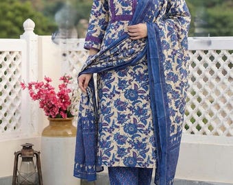 Women's  Handmade Cotton Floral Block Printed Kurta Pant Dupatta Set | Pakistani Salwar Suit