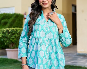 Groene katoenen tuniek met bloemenprint | Blouse voor dames