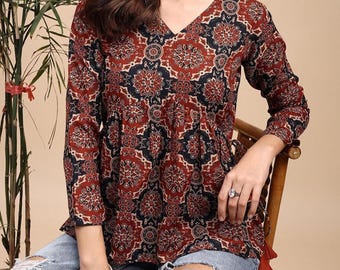 Gebloemde katoenen tuniektop voor dames, casual korte Kurti-blouse, zomerfeestkleding