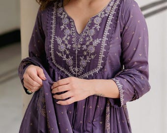 Paarse katoenen anarkali Kurta-broek dupatta-set, geborduurde feestkleding Salwar Kameez