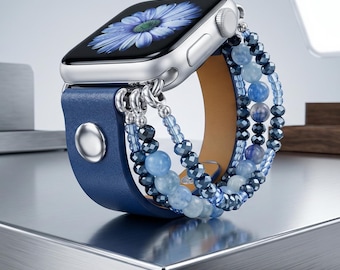 Beaded Leather Apple Watch Band Elastic Bracelet for Women