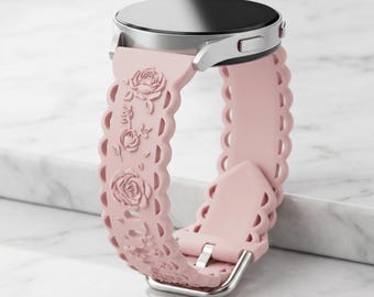 Floral Lace Silicone Watch Band for Samsung Galaxy | 20mm Strap, Soft Pink