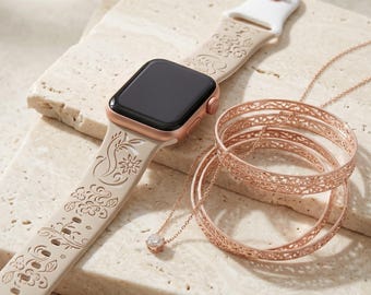 Engraved Silicone Apple Watch Band | Floral Lace Design, Breathable Strap Sizes 40–49mm