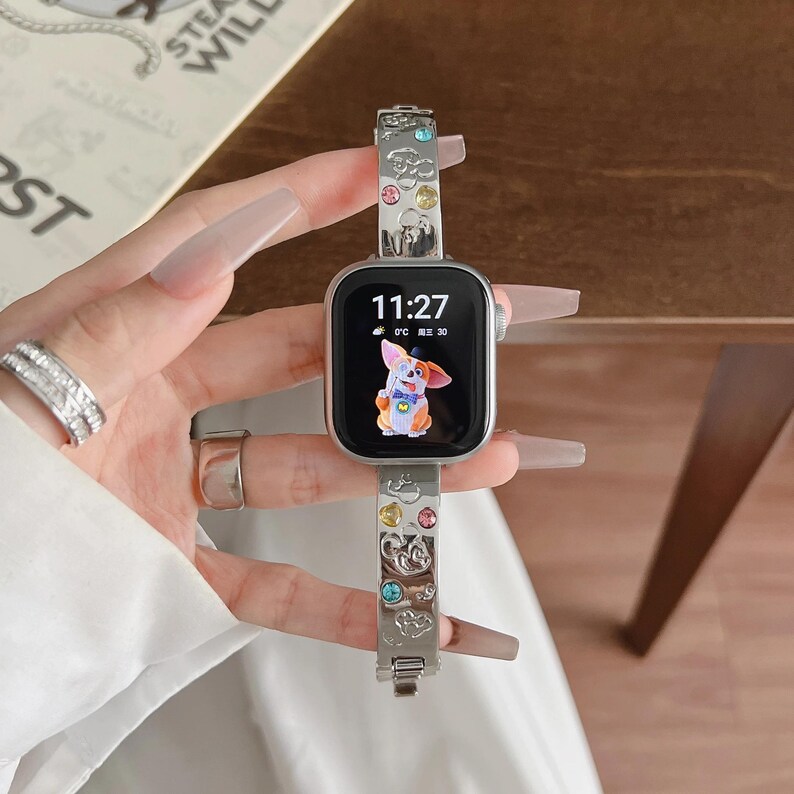 Mickey Mouse Diamond Metal Apple Watch Band – Rhinestone Cartoon Bracelet Strap Silver