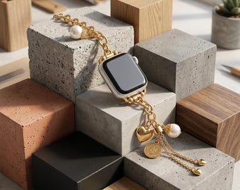 Heart Pearl Charm Bracelet Apple Watch Band | Gold Link Strap for Women