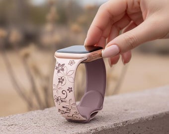 Floral Engraved Silicone Apple Watch Band – Soft Feminine Strap (40mm 44mm 45mm 49mm)