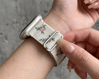 Embroidered Nylon Apple Watch Band Floral Stitching Soft Girl Cottagecore Style