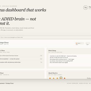 Op de afbeelding: Een digitaal focus dashboard met de tekst "A focus dashboard that works with your ADHD brain - not against it." Het dashboard toont secties voor taken, een brain dump en een mood check-in. Het Vantage Focus logo is zichtbaar.