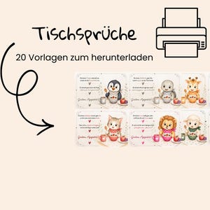 May include: Digital download of illustrated cards with animal characters, each holding a bowl of fruit and a cup. The cards feature text in German, with the words "Tischsprüche" and "20 Vorlagen zum herunterladen" visible.