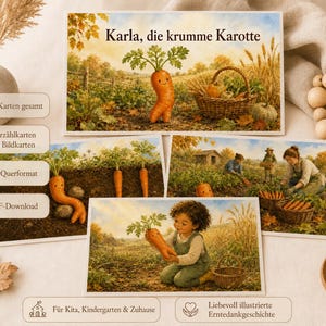 Könnte beinhalten: Ein Set aus sechzehn A4-Karten im Querformat mit der Geschichte Karla, die krumme Karotte. Die Illustrationen zeigen eine personifizierte orangefarbene Karotte auf einem Feld, eine Ernteszene mit Menschen und ein Kind, das die Karotte hält. Text umfasst 16 Karten gesamt, 8 Erzählkarten + 8 Bildkarten, A4 Querformat, PDF-Download, Für Kita, Kindergarten & Zuhause sowie Liebesvoll illustrierte Erntedankgeschichte.