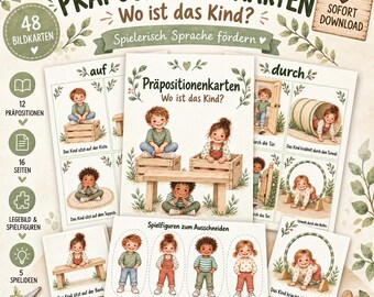 Prepositions Picture Cards for Kindergarten | 48 Language Development Cards Where is the child? | Learning spatial relationships | Language Games PDF