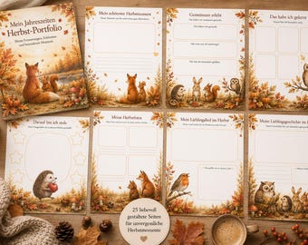 May include: A collection of printed autumn-themed activity sheets and a portfolio cover titled Mein Jahreszeiten Herbst-Portfolio, featuring illustrations of foxes, owls, hedgehogs, and squirrels, with German text prompts for recording seasonal memories.