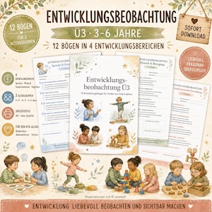 Könnte beinhalten: Ein Set aus 12 Entwicklungsbeobachtungsbögen für Kinder von 3 bis 6 Jahren mit Aquarellillustrationen spielender Kinder. Die Dokumente enthalten Text auf Deutsch, sind in vier Entwicklungsbereiche unterteilt und für den A4-Druck formatiert.
