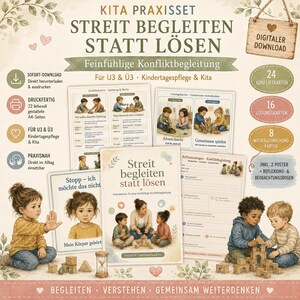 Peut inclure: Un ensemble de téléchargement numérique intitulé KITA PRAXISSET STREIT BEGLEITEN STATT LÖSEN comprenant 24 cartes de conflit, 16 cartes de solution et 8 cartes de réparation. Inclut des affiches, des fiches de réflexion et d'observation.