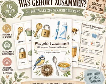 ¿Qué va junto? | 48 tarjetas con imágenes y 24 pares | Juego de emparejamiento y desarrollo del lenguaje para guarderías, jardines de infancia y preescolares (PDF)