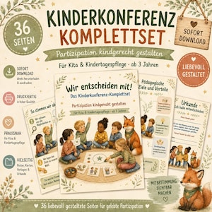 Könnte beinhalten: Ein digitales Bildungsset mit dem Titel Kinderkonferenz Komplettset, illustriert mit Kindern und einem Fuchs bei einer Konferenz. Das Set enthält 36 Seiten mit druckfertigen Postern, Karten, Vorlagen und Urkunden für Kitas und Kindertagespflege.