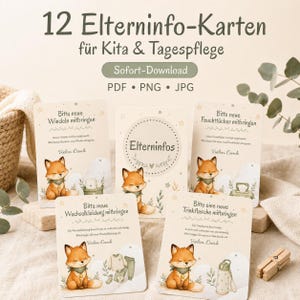 Op de afbeelding: Een set van 12 informatiekaarten voor kinderopvang, voorzien van illustraties van een vos en Duitse tekst. De kaarten bevatten verzoeken voor luiers, vochtige doekjes, reservekleding en drinkflessen, beschikbaar als PDF, PNG en JPG download.