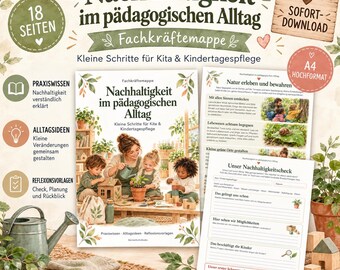 Sostenibilidad en guarderías | Carpeta de recursos profesionales de 18 páginas con ideas prácticas y lista de verificación de sostenibilidad | Educación ambiental para guarderías y cuidadores de niños (PDF)