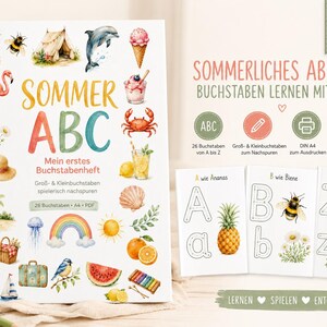 Puede incluir: Un cuaderno de ejercicios educativo con temática veraniega titulado SOMMER ABC, con ilustraciones en acuarela de una piña, un flamenco, un cangrejo, un arcoíris y otros elementos estacionales, que incluye páginas de actividades imprimibles.