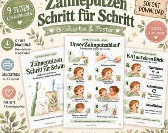 Cepillado de dientes paso a paso | Tarjetas ilustradas y pósteres sobre el cepillado dental con el método KAI | Cuidado dental para guarderías y jardines de infancia | PDF de 9 páginas