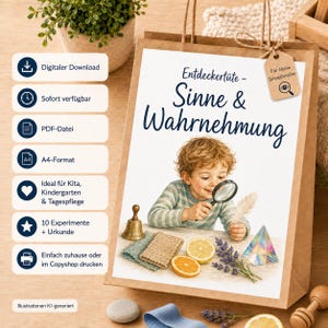 May include: A brown paper bag featuring a printed illustration of a child using a magnifying glass to examine a feather. The text reads Entdeckertüte - Sinne & Wahrnehmung. Included are icons for digital download, PDF format, and 10 experiments.