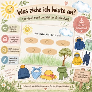 Peut inclure: Un jeu éducatif imprimable intitulé Was ziehe ich heute an? avec des illustrations à l'aquarelle d'éléments météorologiques et de vêtements. L'ensemble comprend un plateau d'activité principal avec des cercles vides et des cartes.