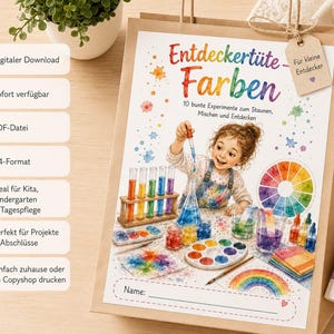 May include: A brown paper gift bag featuring a printed activity sheet titled Entdeckertüte Farben. The illustration shows a child conducting science experiments with colorful liquids in test tubes, a color wheel, and watercolor paints.