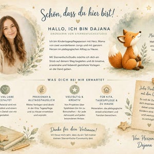 May include: A promotional flyer for SternenfuchsStudio featuring a portrait of Dajana, a cartoon fox illustration, and text in German. The design includes botanical leaf borders, a coffee mug, a notebook, and star accents on a cream background.