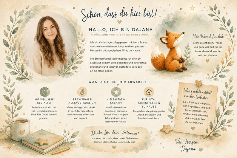 May include: A promotional flyer for SternenfuchsStudio featuring a portrait of Dajana, a cartoon fox illustration, and text in German. The design includes botanical leaf borders, a coffee mug, a notebook, and star accents on a cream background.