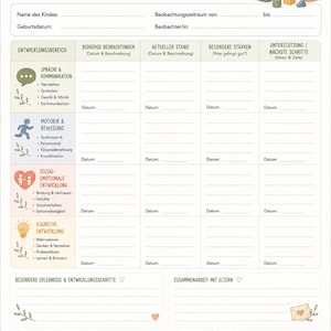May include: A developmental progress documentation form featuring the German title ENTWICKLUNGSVERLAUFSDOKUMENTATION. The document includes sections for child information, developmental areas like language, motor skills, social-emotional, and cognitive growth, with illustrations of children playing.