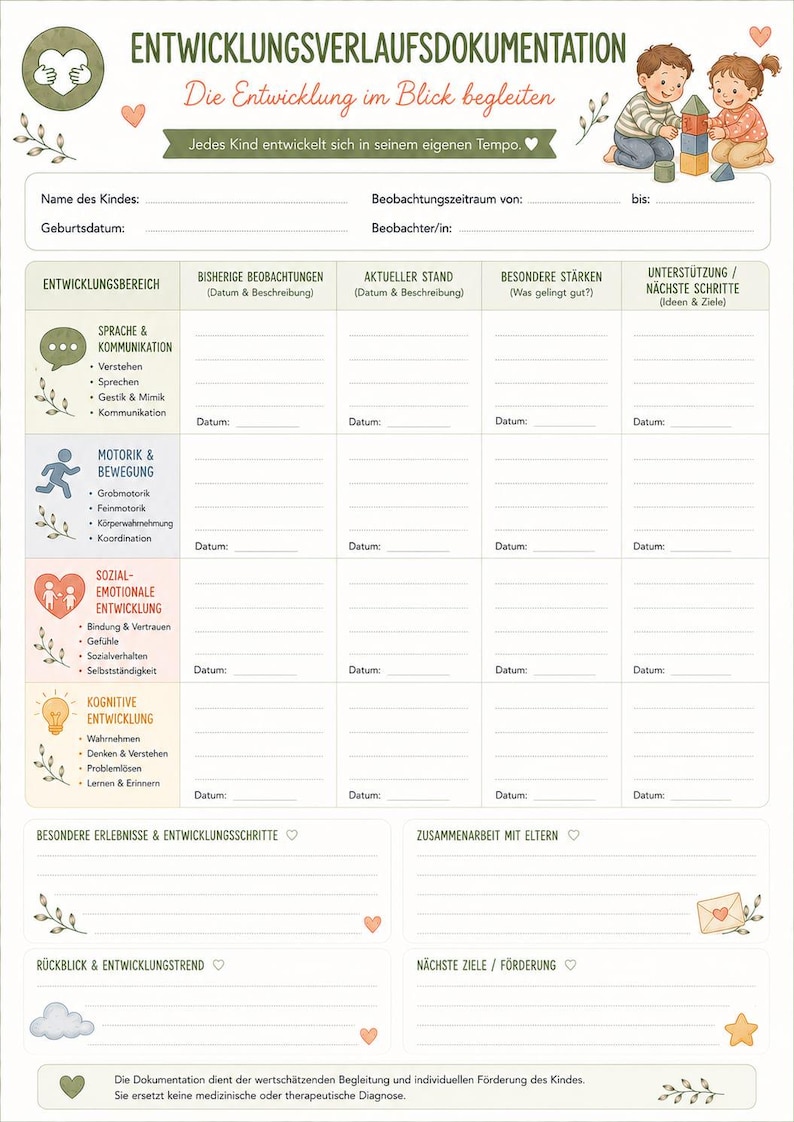 May include: A developmental progress documentation form featuring the German title ENTWICKLUNGSVERLAUFSDOKUMENTATION. The document includes sections for child information, developmental areas like language, motor skills, social-emotional, and cognitive growth, with illustrations of children playing.