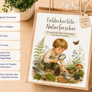 Könnte beinhalten: Eine braune Papiertüte mit einer Illustration eines Kindes, das mit einer Lupe Naturgegenstände wie einen Tannenzapfen, einen Pilz und Blätter untersucht. Der Text lautet Entdeckertüte - Naturforscher und 10 spannende Natur-Experimente für kleine Entdecker.
