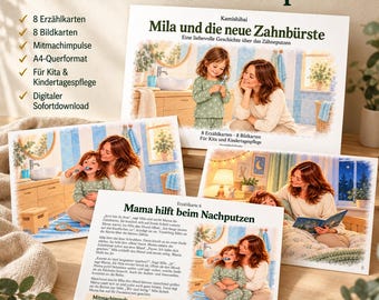 Cepillado dental Kamishibai | Mila y el nuevo cepillo de dientes | 8 tarjetas ilustradas y tarjetas con historias interactivas | PDF para jardín de infancia