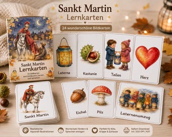 Tarjetas de aprendizaje para el Día de San Martín para preescolar | 24 tarjetas ilustradas: Linterna, Martín y Otoño | Desarrollo de vocabulario | Materiales Montessori para preescolar (PDF)