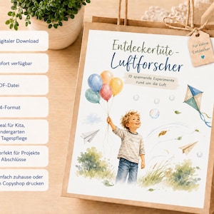 Könnte beinhalten: Eine braune Papiertüte mit einem Etikett mit der Aufschrift Entdeckertüte - Luftforscher, das ein Aquarell eines Kindes mit bunten Luftballons, einem Drachen und Papierfliegern zeigt, sowie Text zu 10 spannenden Experimenten rund um die Luft.