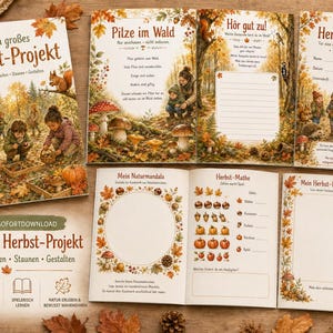 Könnte beinhalten: Eine Sammlung gedruckter Arbeitsblätter mit dem Titel Mein großes Herbst-Projekt, die Illustrationen von Kindern im Herbstwald, Pilzbestimmungshilfen, Naturmandala-Vorlagen, Mathe-Zählübungen und eine Urkunde enthalten.