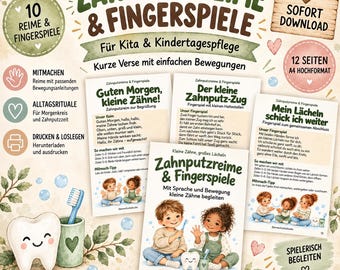 Rimas y juegos de dedos para cepillarse los dientes en preescolar | 10 rimas interactivas para cepillarse los dientes | Desarrollo del lenguaje y cuidado dental para niños pequeños y menores de 3 años | PDF