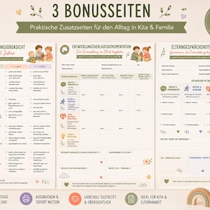 May include: Three printable pages for child development tracking, featuring sections titled 3 BONUSSEITEN, ENTWICKLUNGS&Uuml;BERSICHT 0-3 Jahre, ENTWICKLUNGSVERLAUFDOKUMENTATION, and ELTERNGESPR&Auml;CHSNOTIZEN. The documents include tables, checklists, and illustrations.