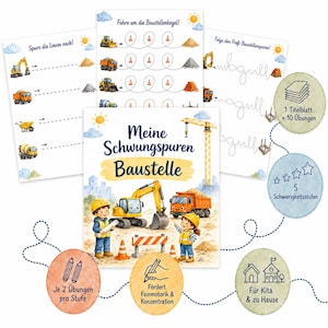 Op de afbeelding: Een set educatieve werkbladen getiteld Meine Schwungspuren Baustelle met bouwvoertuigen, bouwvakkers en oefeningen voor lijnen trekken. De pagina's bevatten illustraties van graafmachines, kiepwagens en kranen met stippellijnen om over te trekken, plus ronde badges met details over 1 titelblad, 10 oefeningen, 5 moeilijkheidsgraden en gebruik voor thuis of op school.