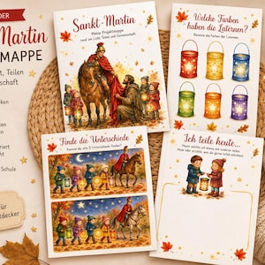 May include: Four pages from a Saint Martin project folder featuring illustrations of Saint Martin on horseback, children with lanterns, and educational activities. The pages include German text, colorful autumn leaves, and star motifs.