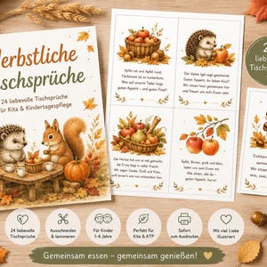 Könnte beinhalten: Ein Set aus druckbaren Karten mit dem Titel Herbstliche Tischsprüche, illustriert mit Igeln, Eichhörnchen und Herbstfrüchten. Das Set enthält 24 Karten mit deutschem Text, verziert mit Herbstblättern, Eicheln und Kürbissen in warmen Farben.