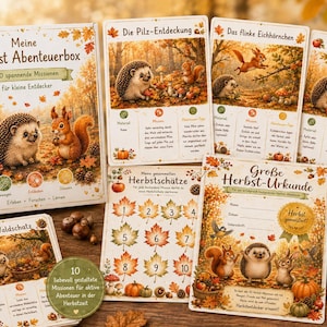 Peut inclure: Un coffret intitulé Meine Herbst Abenteuerbox proposant 10 missions pour enfants, incluant des cartes illustrées avec des hérissons et des écureuils, une fiche de collecte de feuilles d'automne, un certificat et un petit panneau en bois.
