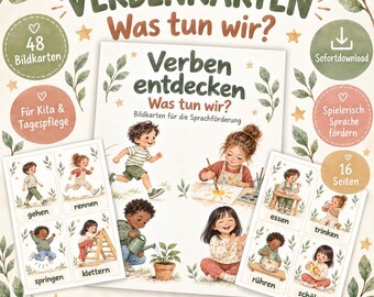 Verb Picture Cards for Language Development in Kindergarten | 48 Verb Cards: What are we doing? | Expanding vocabulary & learning activities | PDF