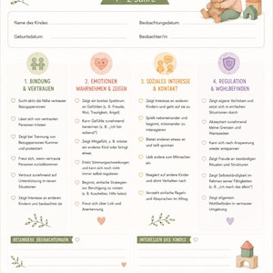 May include: A developmental observation chart for children aged 1-2 years, titled 'ENTWICKLUNGSBEOBACHTUNG'. It features sections for social-emotional milestones, including bonding, emotions, social interest, and regulation, with blank fields for child details.