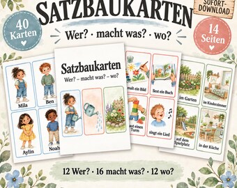 Language Development in Kindergarten Sentence Structure Cards | 40 Picture Cards for Forming Sentences | Who Does What Where? | Language Games for Preschool (PDF)