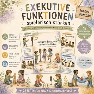 May include: A digital educational resource titled Exekutive Funktionen spielerisch stärken featuring 48 activity cards for children aged 3-6. The cover displays illustrations of children playing games with traffic lights, hourglasses, and cards.