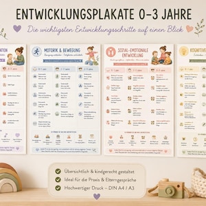 May include: Four educational posters titled ENTWICKLUNGSPLAKATE 0-3 JAHRE, detailing child development stages in German. The charts cover language, motor skills, social-emotional, and cognitive development with illustrations and text for ages 0-3 years.