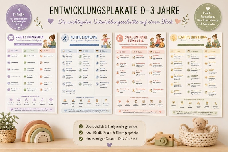 May include: Four educational posters titled ENTWICKLUNGSPLAKATE 0-3 JAHRE, detailing child development stages in German. The charts cover language, motor skills, social-emotional, and cognitive development with illustrations and text for ages 0-3 years.